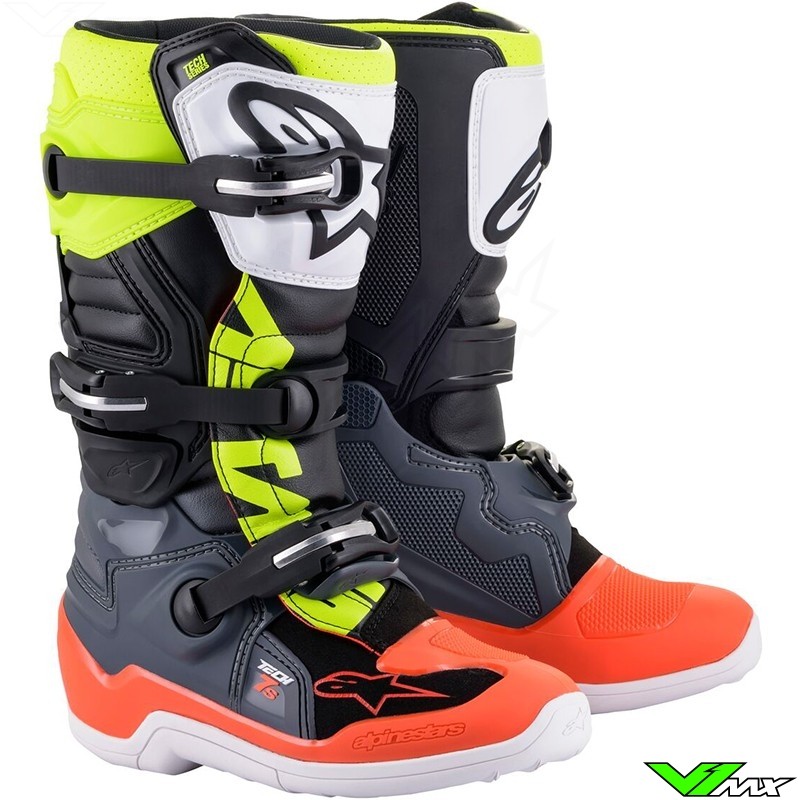 Alpinestars TECH 7S Youth Motocross Boots - Dark Grey / Fluo Red / Fluo Yellow