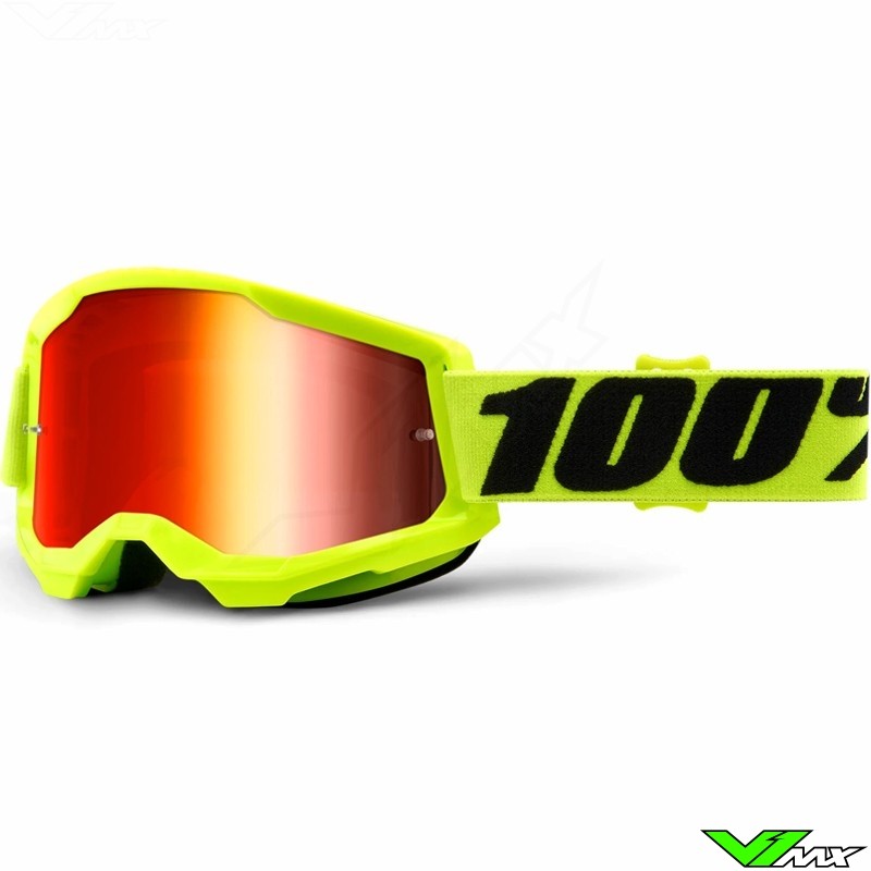 100% Strata 2 Fluo Yellow Motocross Goggle - Red Mirror Lens