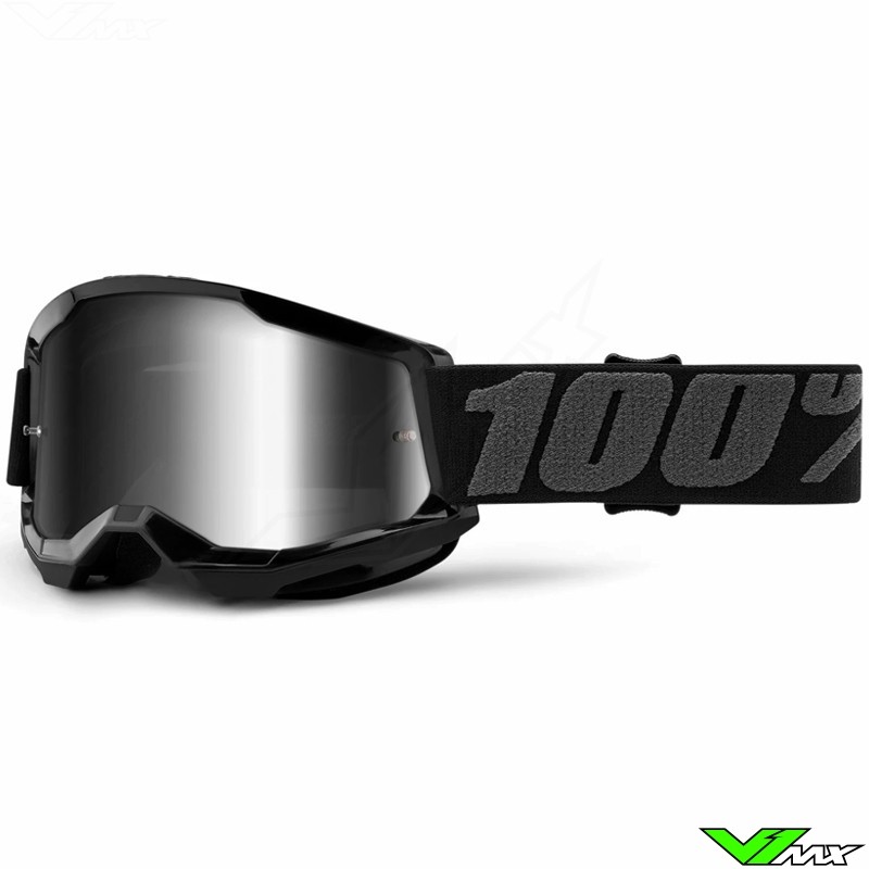 100% Strata 2 Youth Black Youth Motocross Goggle - Silver Mirror Lens