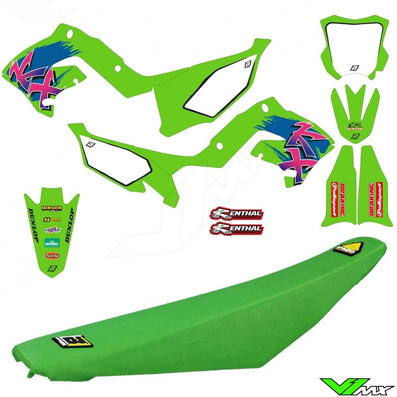 Blackbird Retro Stickerset en zadelovertrek - Kawasaki KX125 KX250 Polisport Restyle Plastics