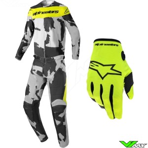 Alpinestars Racer Tactical 2023 Youth Motocross Gear Combo - Grey / Camo / Fluo Yellow