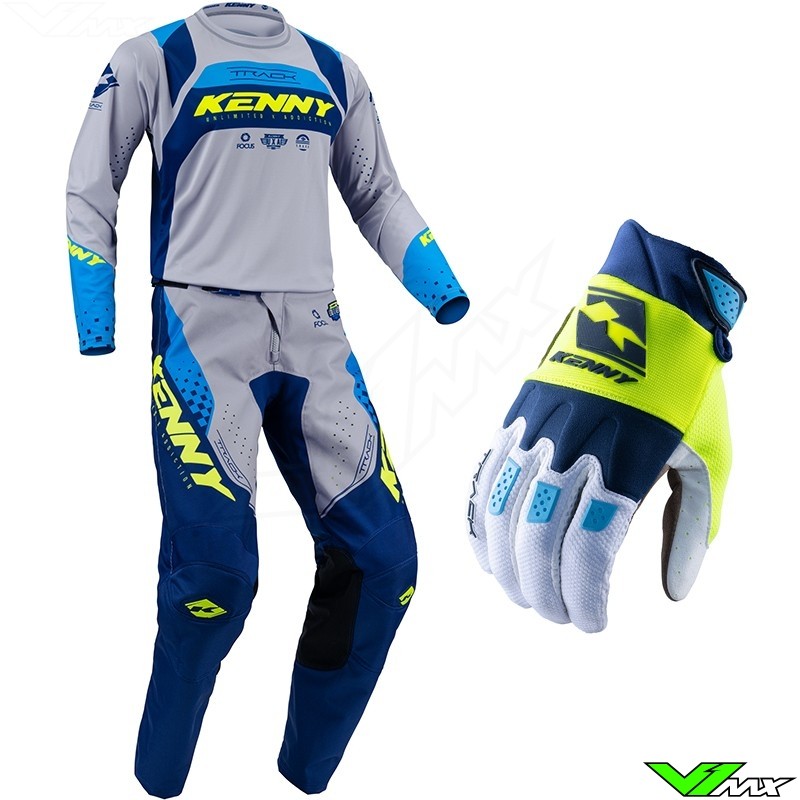 Kenny Track Focus 2023 Youth Motocross Gear Combo - Grey / Navy / Neon Yellow