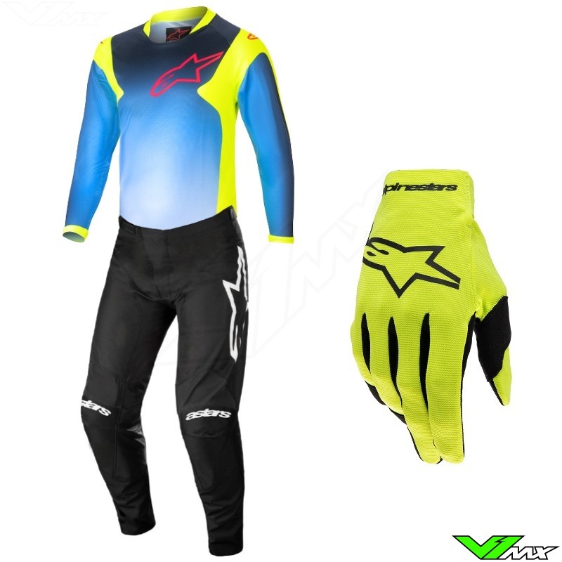 Alpinestars Racer Hoen Mini 2024 Youth Motocross Gear Combo - Black / Fluo Yellow / Blue / Night Navy