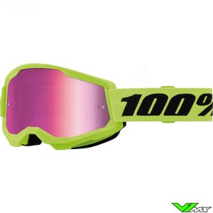 Youth Motocross Goggle 100% Strata 2 Youth Neon Yellow - Pink Mirror Lens
