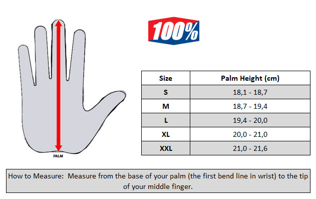 100% Gloves Size Chart