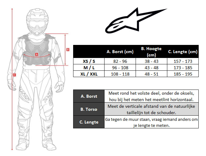 Alpinestars Beschermingsvest Maattabel