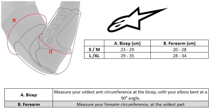 Alpinestars sequence / vapor Elbow Protection Size chart
