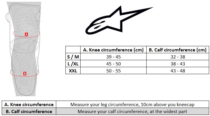 Alpinestars sequence / vapor Knee Protection Size chart