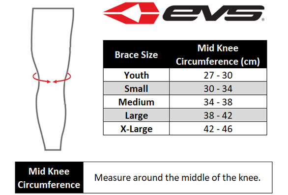 EVS SX01 Knee Brace Size chart