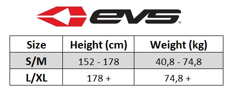 EVS TP199 Knee Protection Size chart