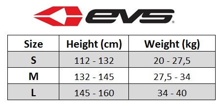 EVS Comp Suit Jeugd Body Protection Size chart