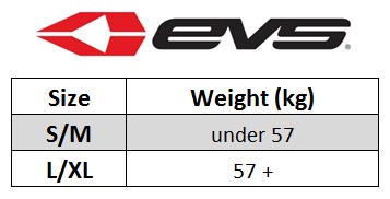 EVS REVO 5 Body Protector Size chart