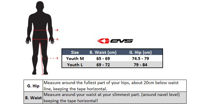EVS Youth Tug Bottom Size Chart