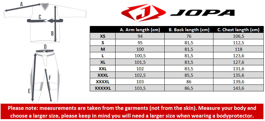 Jopa Jersey Size chart