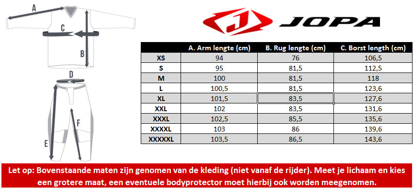 Jopa Cross shirt maattabellen