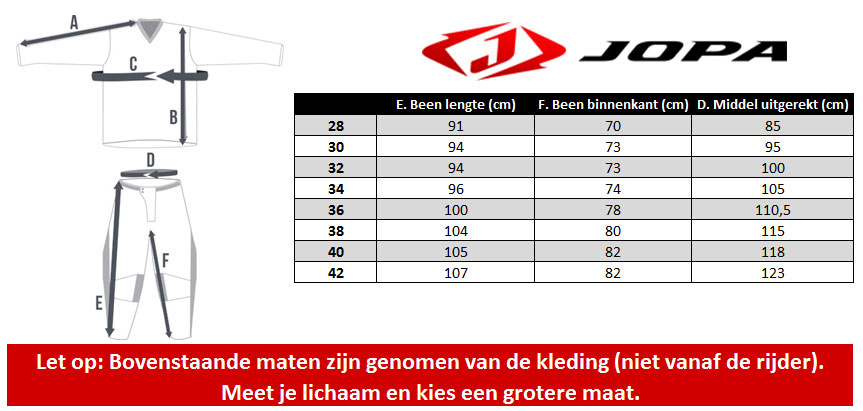 Jopa Crossbroek maattabellen