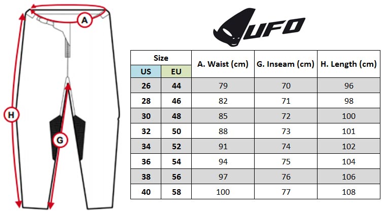 UFO MX Pants Size chart