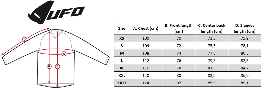 UFO MX Jersey Size chart