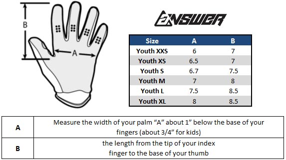 Answer Kids Motocross Gloves Size Chart