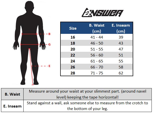 Answer Kids Motocross Pants Size Chart