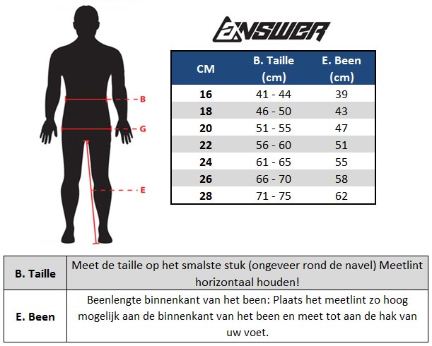 Answer Racing Gear Size Chart