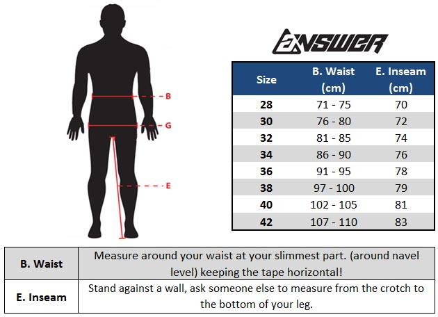 Answer Motocross Pants Size Chart