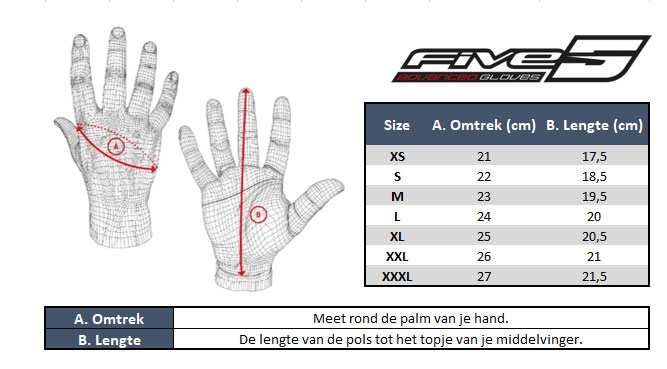 Five Crosshandschoenen Maattabel